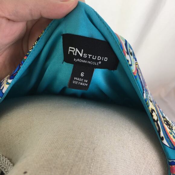 RN Studio Cold Shoulder Paisley Dress Turq Multi 6 - Picture 12 of 16